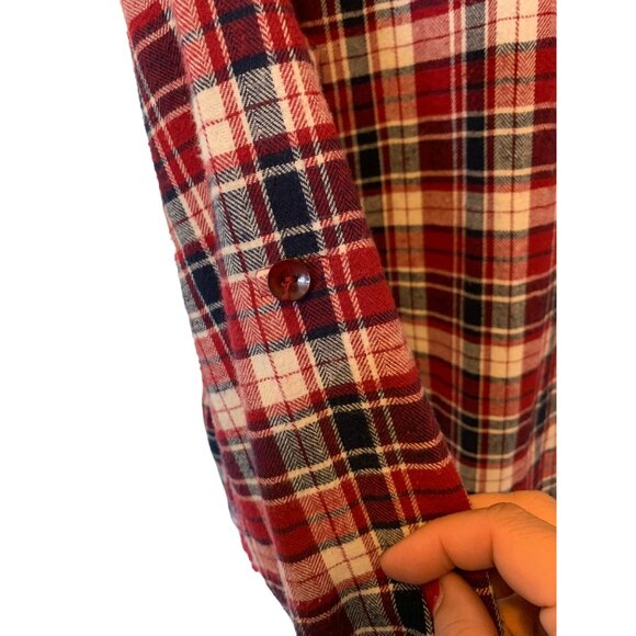 🍒 2/$20 🍒 Red Plaid with Lace Fringe and Explore Screen Print Flannel sz XL - Picture 3 of 8